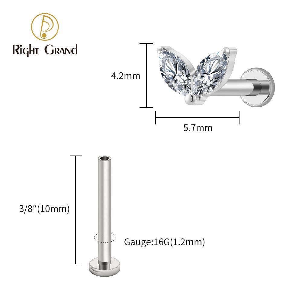 Right Grand Titanium 16G/18G Threadless Push Pin Tiny Double Marquise CZ Labret Stud Earring 16G Heart CZ Cartilage Helix Tragus Conch Piercing