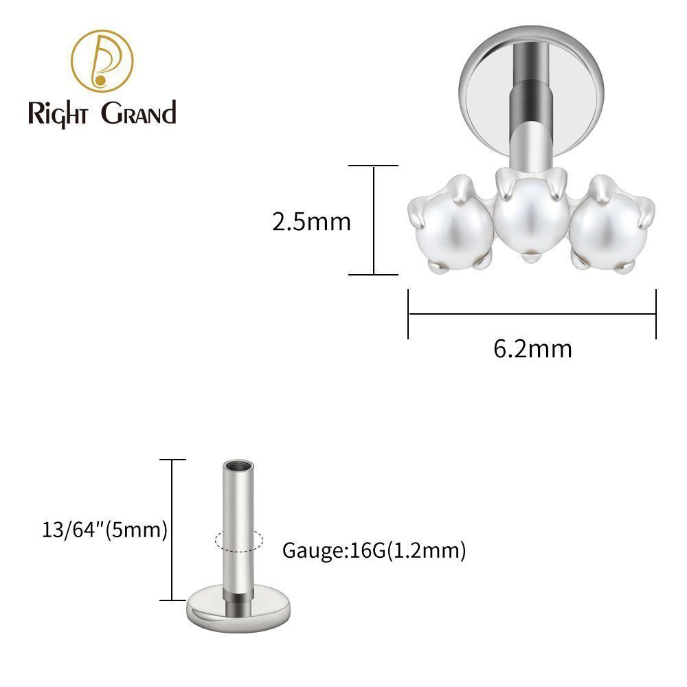 Right Grand Titanium Internal Thread Triple Tiny Pearl Labret Ring 16G Flat Back Cartilage Stud Earring Conch Helix Lip Piercing Jewelry