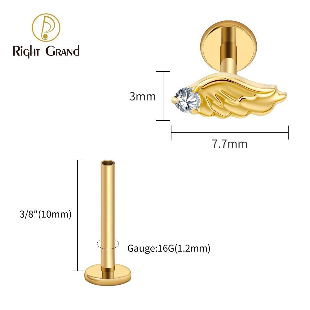 Right Grand Titanium Internal Thread CZ Wing Labret Ring 16G Flat Back Cartilage Stud Earring Conch Helix Lip Piercing Jewelry