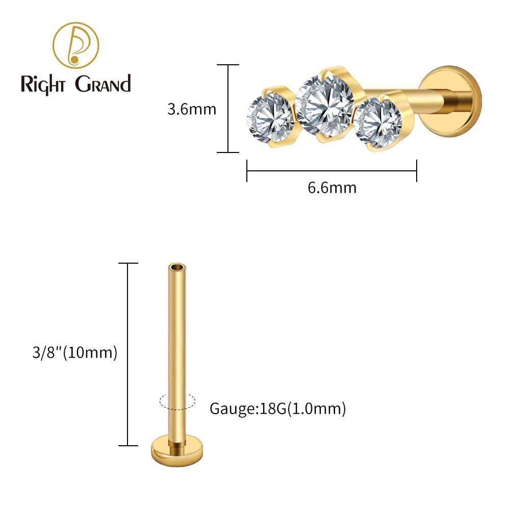 Right Grand Titanium 16G/18G Threadless Push Pin Triple CZ Cluster Cartilage Earring 16G Mini CZ Labret Tragus Helix Medusa Flat Back Piercing