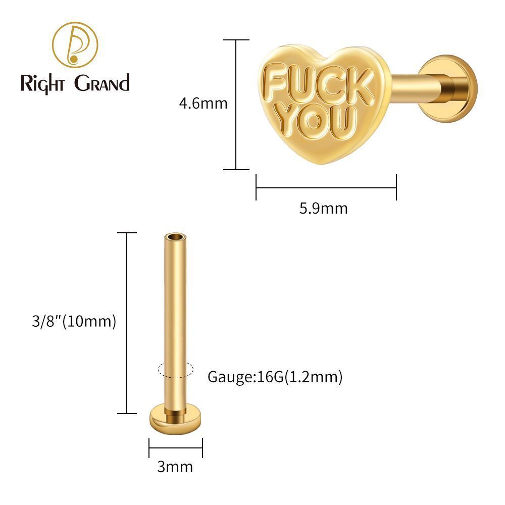 Right Grand Titanium 16G/18G Threadless Push Pin Heart Letter F**K YOU Labret Ring 16G Flat Back Cartilage Stud Earring Conch Helix Lip Piercing Jewelry