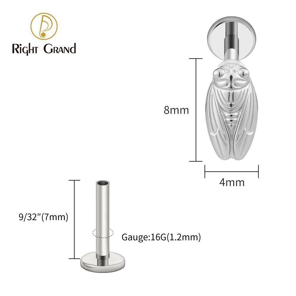 Right Grand Titanium Internal Thread Summer Cicada Labret Ring 16G Flat Back Cartilage Stud Earring Conch Helix Lip Piercing Jewelry