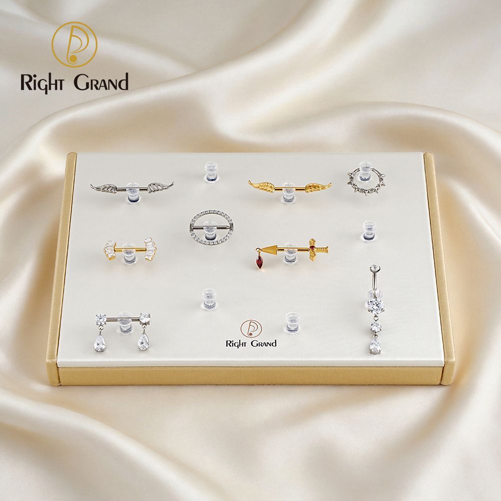 Right Grand High Quality Fiberboard Leather Horizontal Square Display Stand for Piercing Body Jewelry Modern Display Holder with 12 Clips