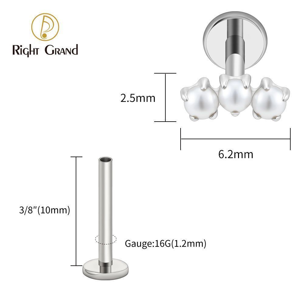 Right Grand Titanium Internal Thread Triple Tiny Pearl Labret Ring 16G Flat Back Cartilage Stud Earring Conch Helix Lip Piercing Jewelry