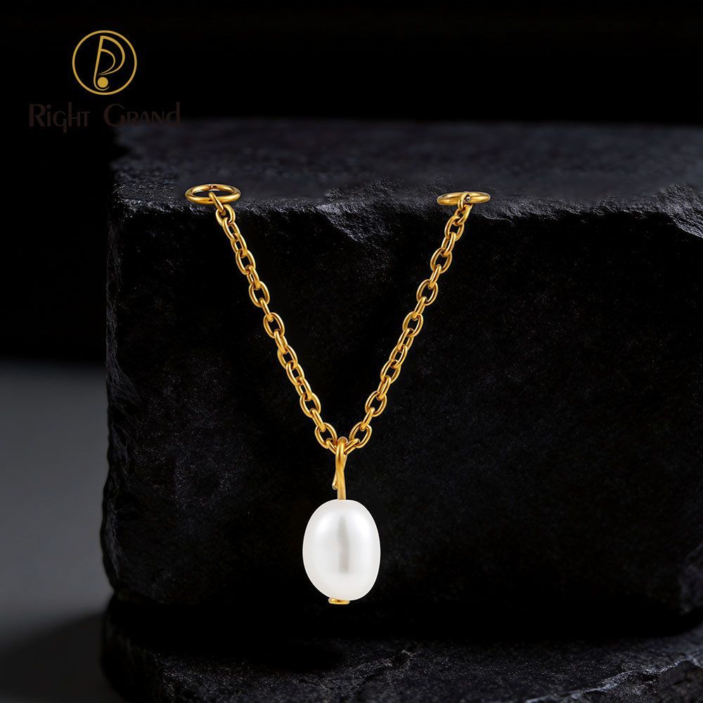 Right Grand Titanium Chain Pearl Drop Double Ring Charm for Ear Lobe Dangle Hoop Huggie Earrings