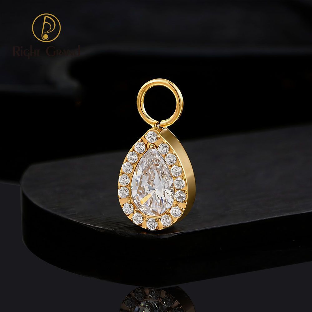 Right Grand Titanium CZ Waterdrop Drop Ring Charm for Ear Lobe Dangle Hoop Huggie Earrings