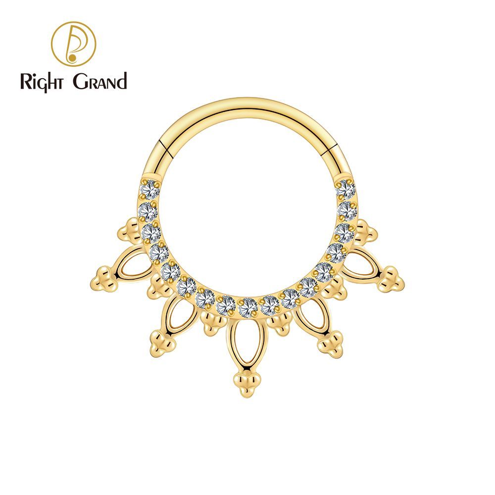 Right Grand Titanium 16G CZ Beads Sparkling Hinged Clicker Segment Hoop Ring Daith Earring Septem Nose Piercing
