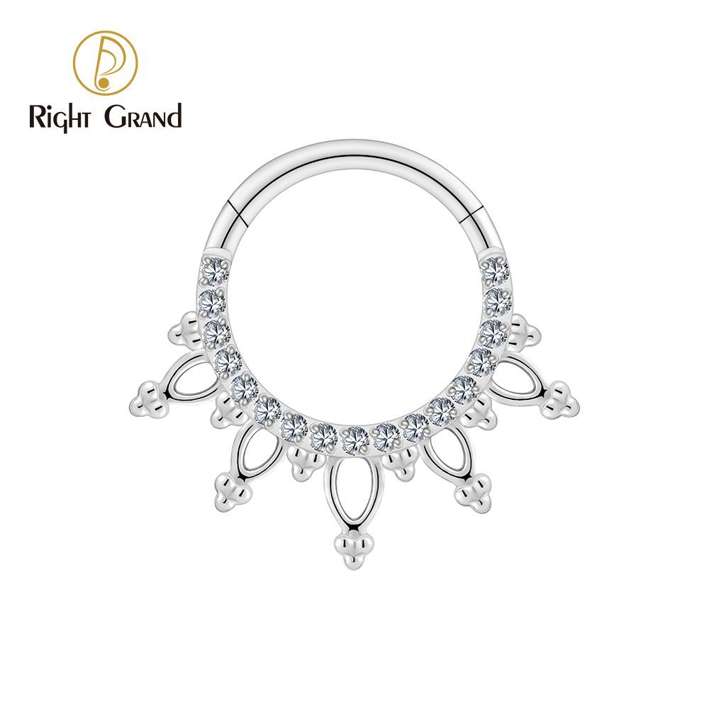 Right Grand Titanium 16G CZ Beads Sparkling Hinged Clicker Segment Hoop Ring Daith Earring Septem Nose Piercing