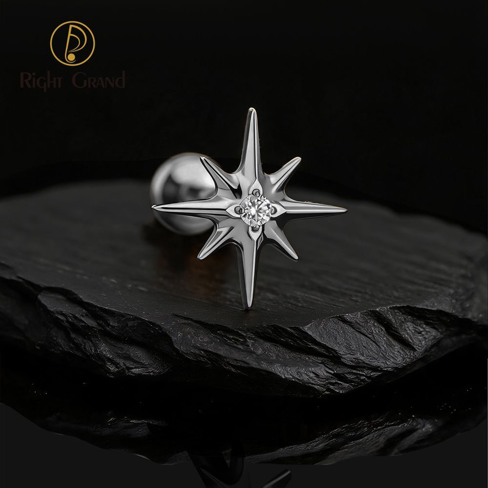 Right Grand Titanium 16G/18G Threadless Push Pin Sparkling CZ North Star Stud Earring Labret Cartilage Tragus Helix Conch Lobe Piercing