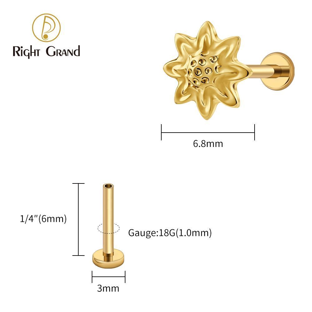 Right Grand Titanium 16G/18G Threadless Push Pin Daisy Flower Labret Ring 16G Flat Back Cartilage Stud Earring Conch Helix Lip Piercing Jewelry