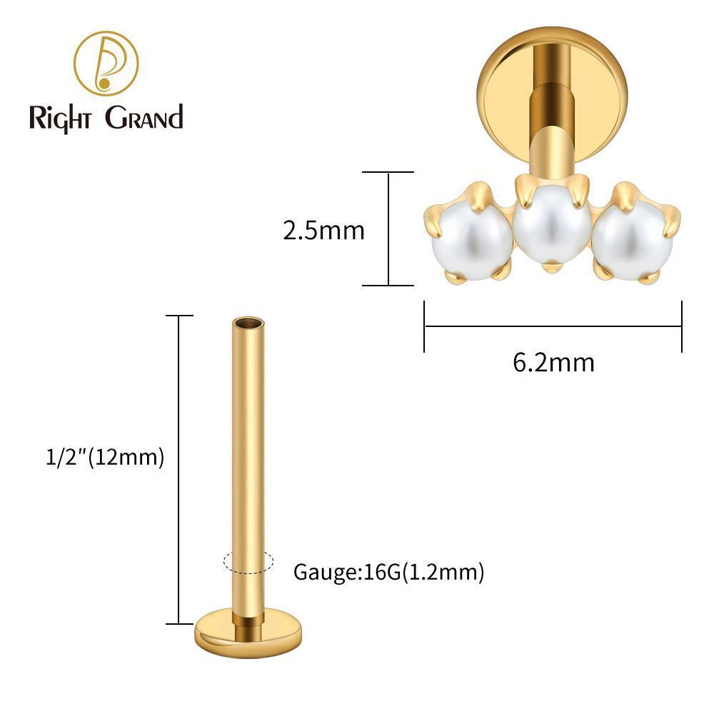 Right Grand Titanium Internal Thread Triple Tiny Pearl Labret Ring 16G Flat Back Cartilage Stud Earring Conch Helix Lip Piercing Jewelry