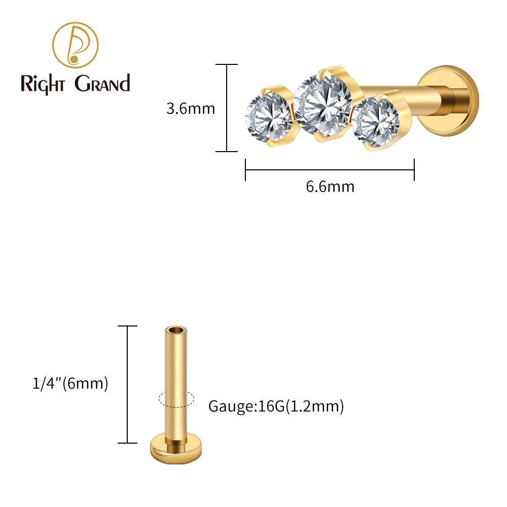 Right Grand Titanium 16G/18G Threadless Push Pin Triple CZ Cluster Cartilage Earring 16G Mini CZ Labret Tragus Helix Medusa Flat Back Piercing