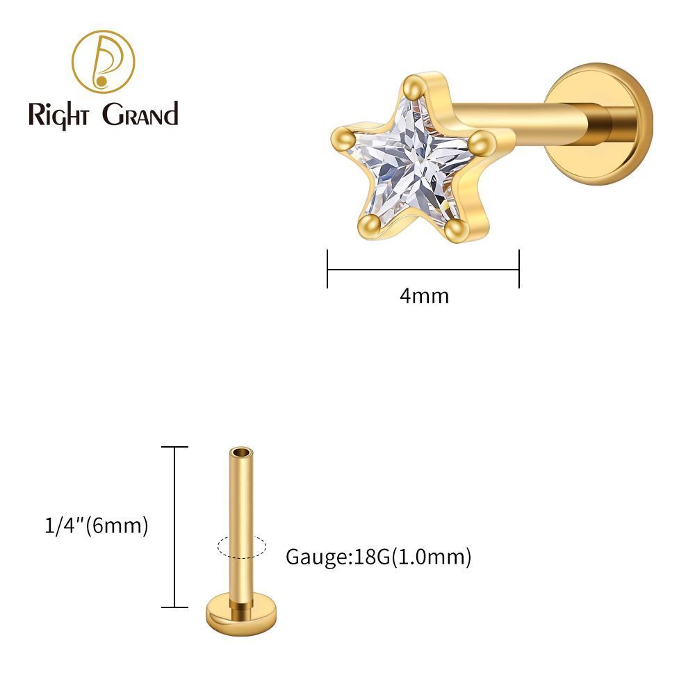 Right Grand Titanium 16G/18G Threadless Push Pin Star CZ Flat Back Stud Earring 16G Helix Tragus Cartilage Lip Piercing