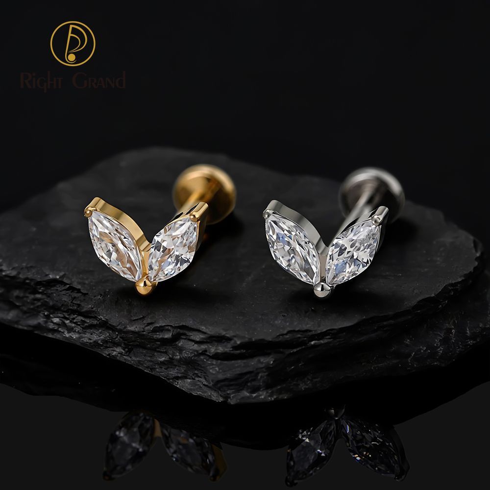 Right Grand Titanium 16G/18G Threadless Push Pin Tiny Double Marquise CZ Labret Stud Earring 16G Heart CZ Cartilage Helix Tragus Conch Piercing