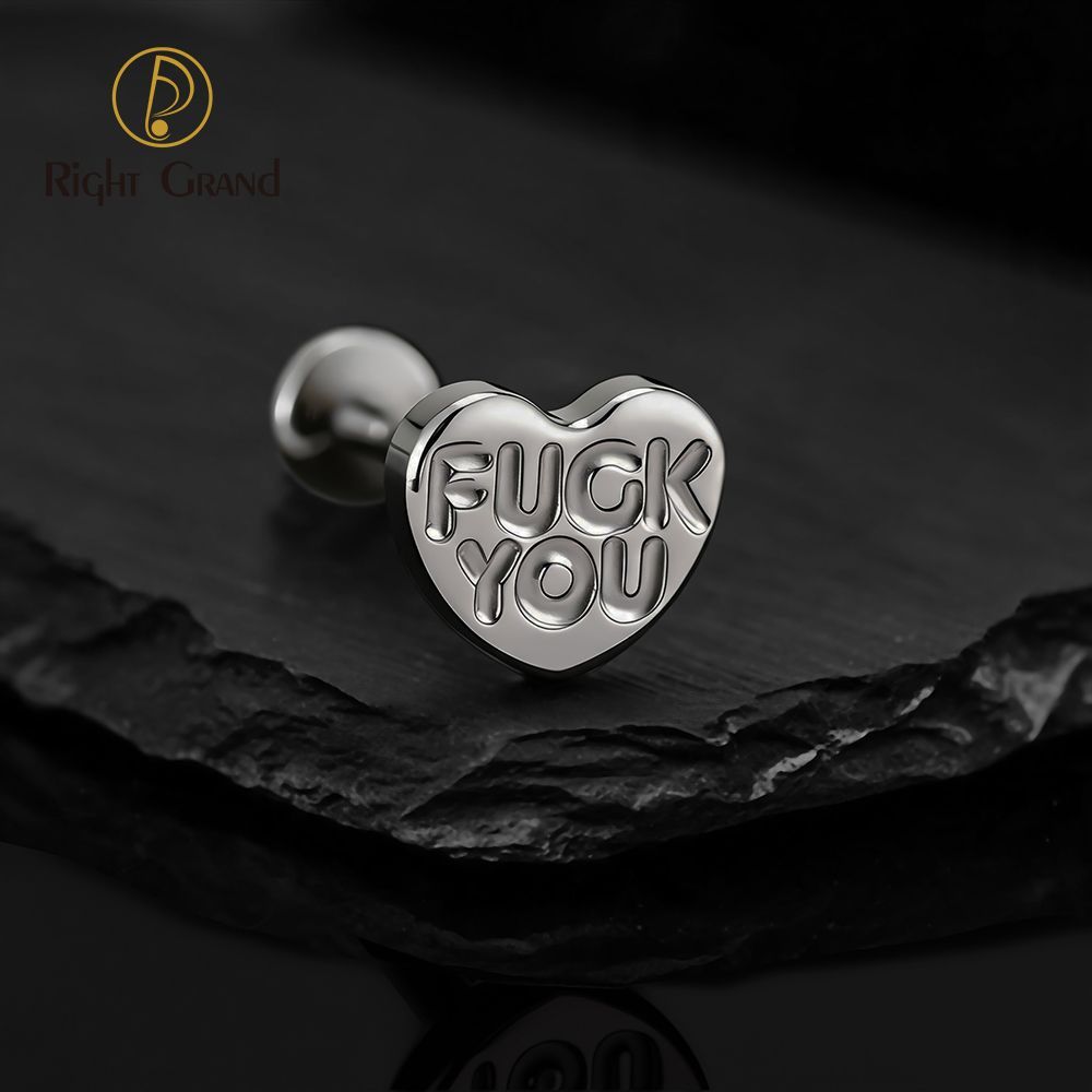 Right Grand Titanium 16G/18G Threadless Push Pin Heart Letter F**K YOU Labret Ring 16G Flat Back Cartilage Stud Earring Conch Helix Lip Piercing Jewelry