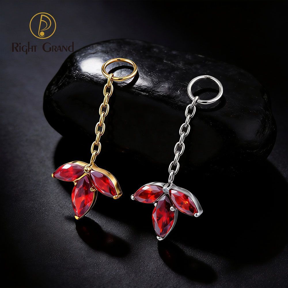 Right Grand ASTM F136 Titanium Marquise Garnet Chain Drop Ring Charm for Ear Lobe Dangle Hoop Huggie Earrings
