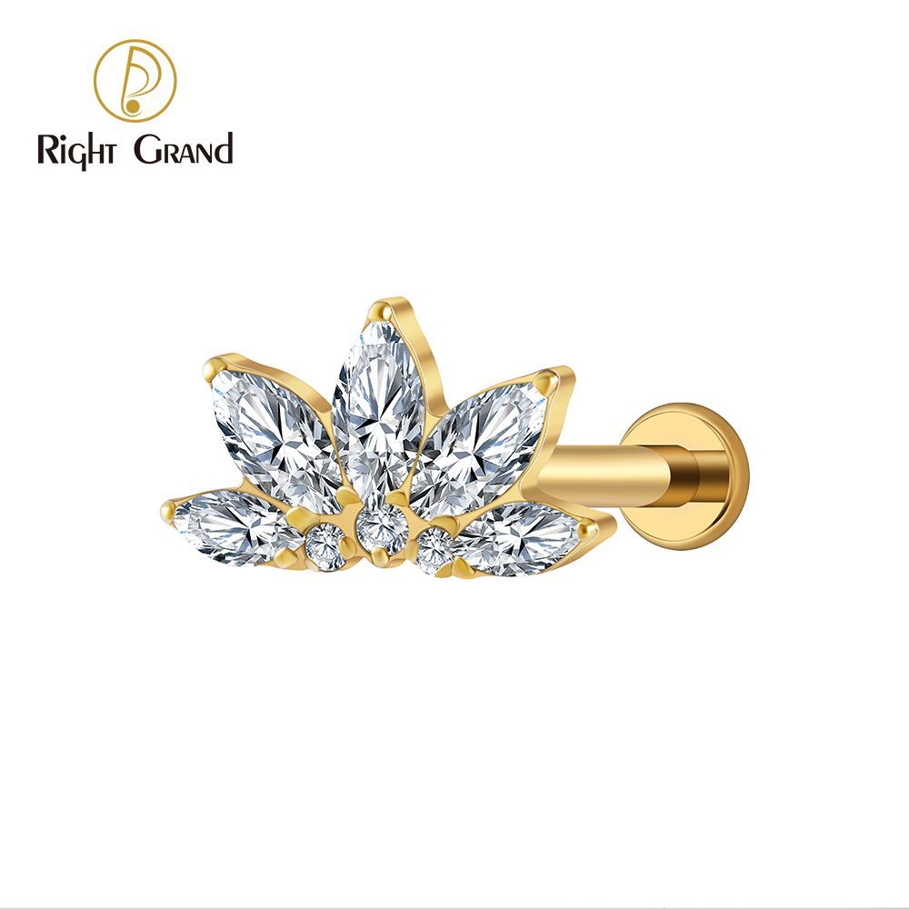 Right Grand Titanium 16G/18G Threadless Push Pin Marquise Lotus CZ Flower Flat Back Stud Labret Tragus Helix Cartilage Conch Earring Piercing