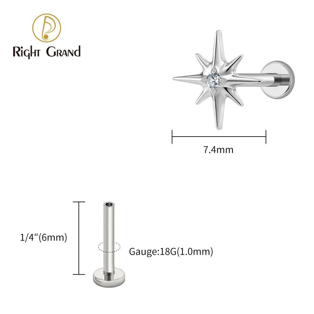 Right Grand Titanium 16G/18G Threadless Push Pin Sparkling CZ North Star Stud Earring Labret Cartilage Tragus Helix Conch Lobe Piercing