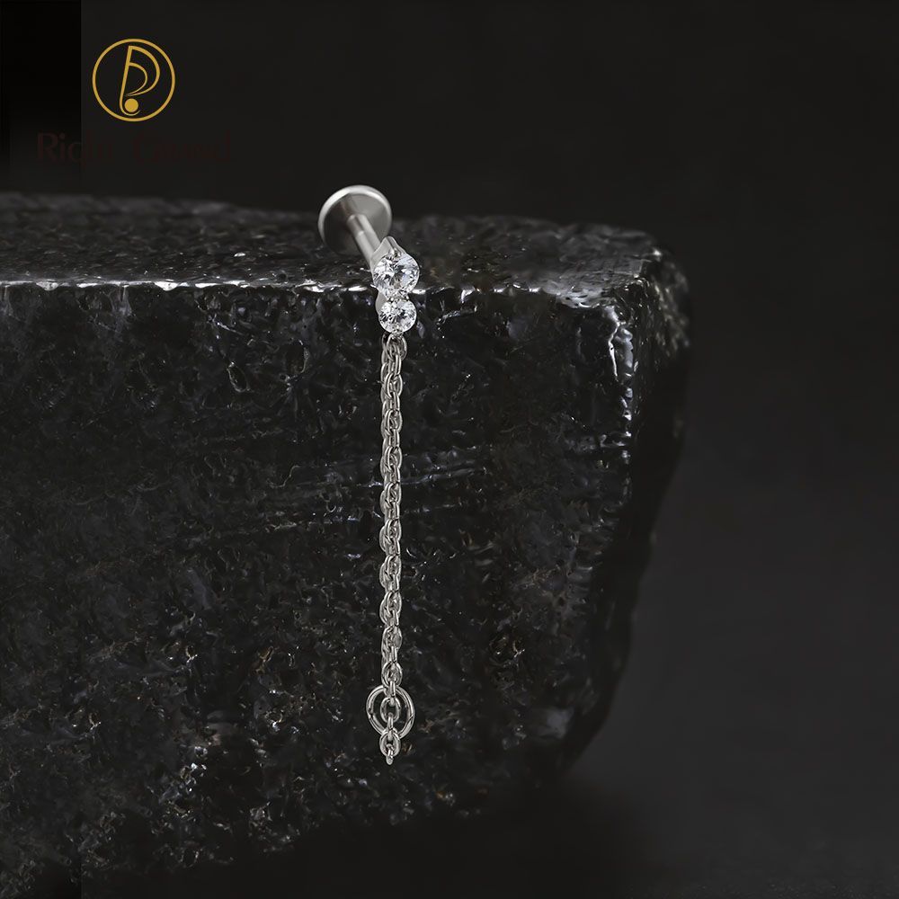 Right Grand Titanium Internal Thread CZ Double Chain Connect Ring Labret Ring 16G Flat Back Cartilage Stud Earring Conch Helix Lip Piercing Jewelry