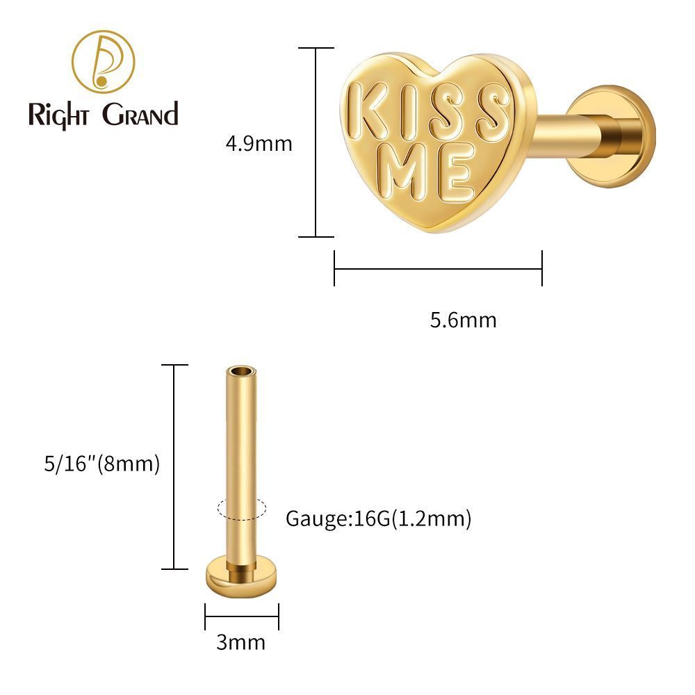 Right Grand Titanium 16G/18G Threadless Push Pin Heart Letter KISS ME Labret Ring 16G Flat Back Cartilage Stud Earring Conch Helix Lip Piercing Jewelry