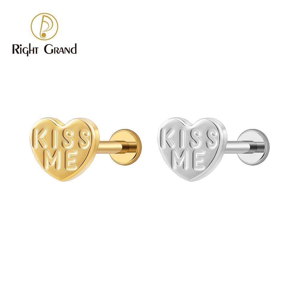 Right Grand Titanium 16G/18G Threadless Push Pin Heart Letter KISS ME Labret Ring 16G Flat Back Cartilage Stud Earring Conch Helix Lip Piercing Jewelry