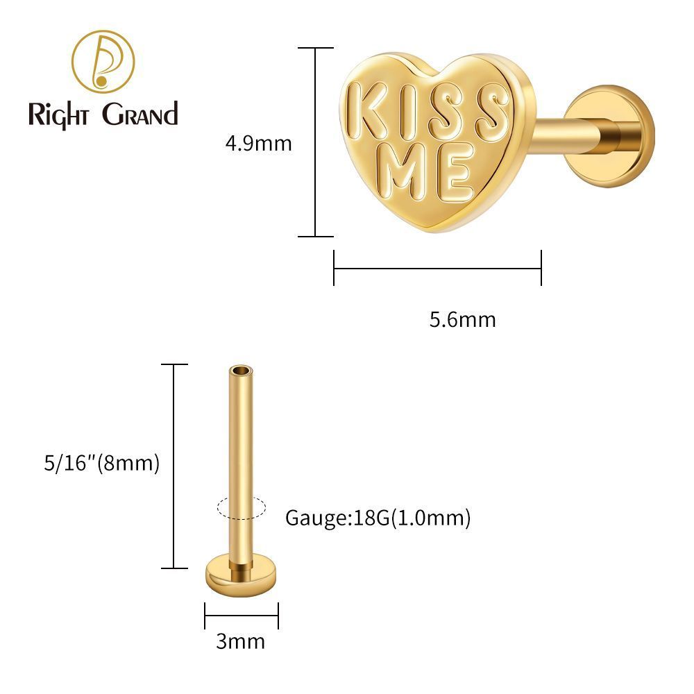 Right Grand Titanium 16G/18G Threadless Push Pin Heart Letter KISS ME Labret Ring 16G Flat Back Cartilage Stud Earring Conch Helix Lip Piercing Jewelry
