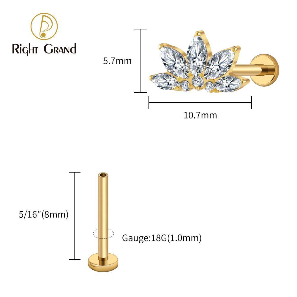Right Grand Titanium 16G/18G Threadless Push Pin Marquise Lotus CZ Flower Flat Back Stud Labret Tragus Helix Cartilage Conch Earring Piercing