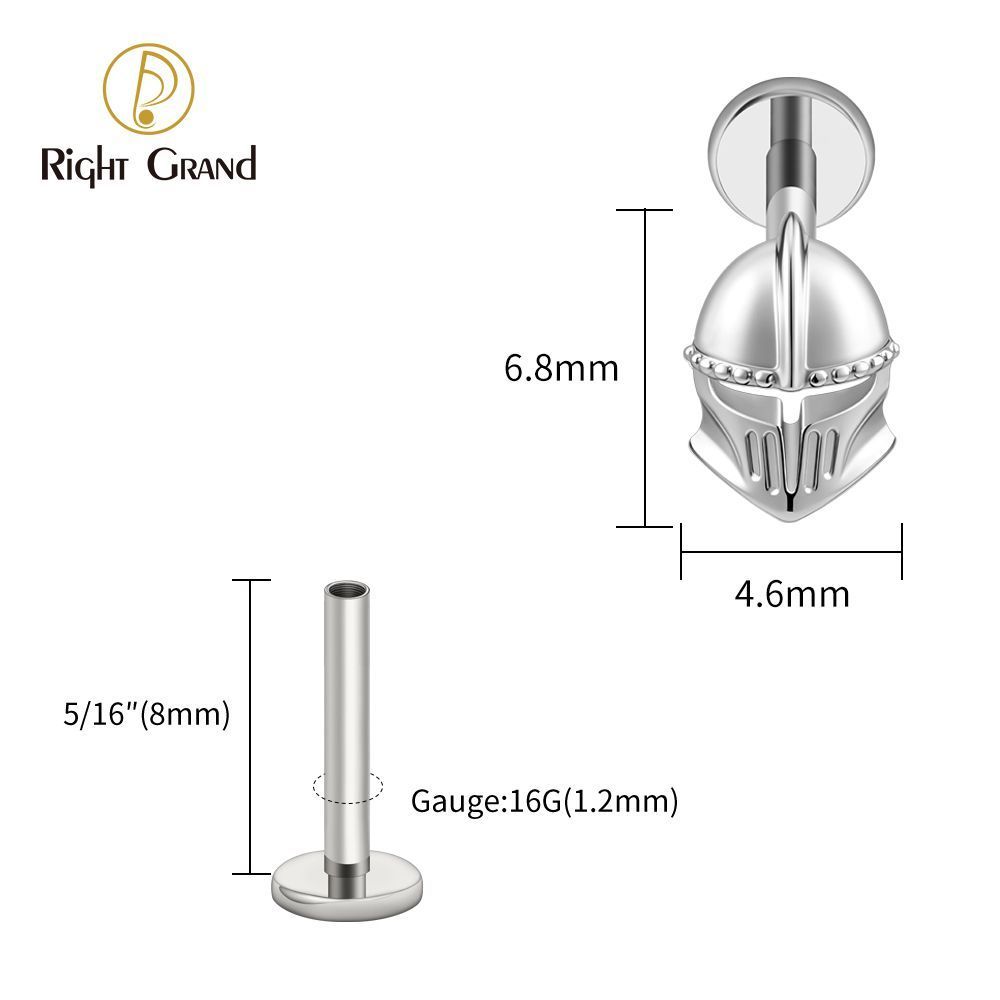 Right Grand ASTM F136 Titanium Internal Thread Helmet Labret Ring 16G Flat Back Cartilage Stud Earring Conch Helix Lip Piercing Jewelry
