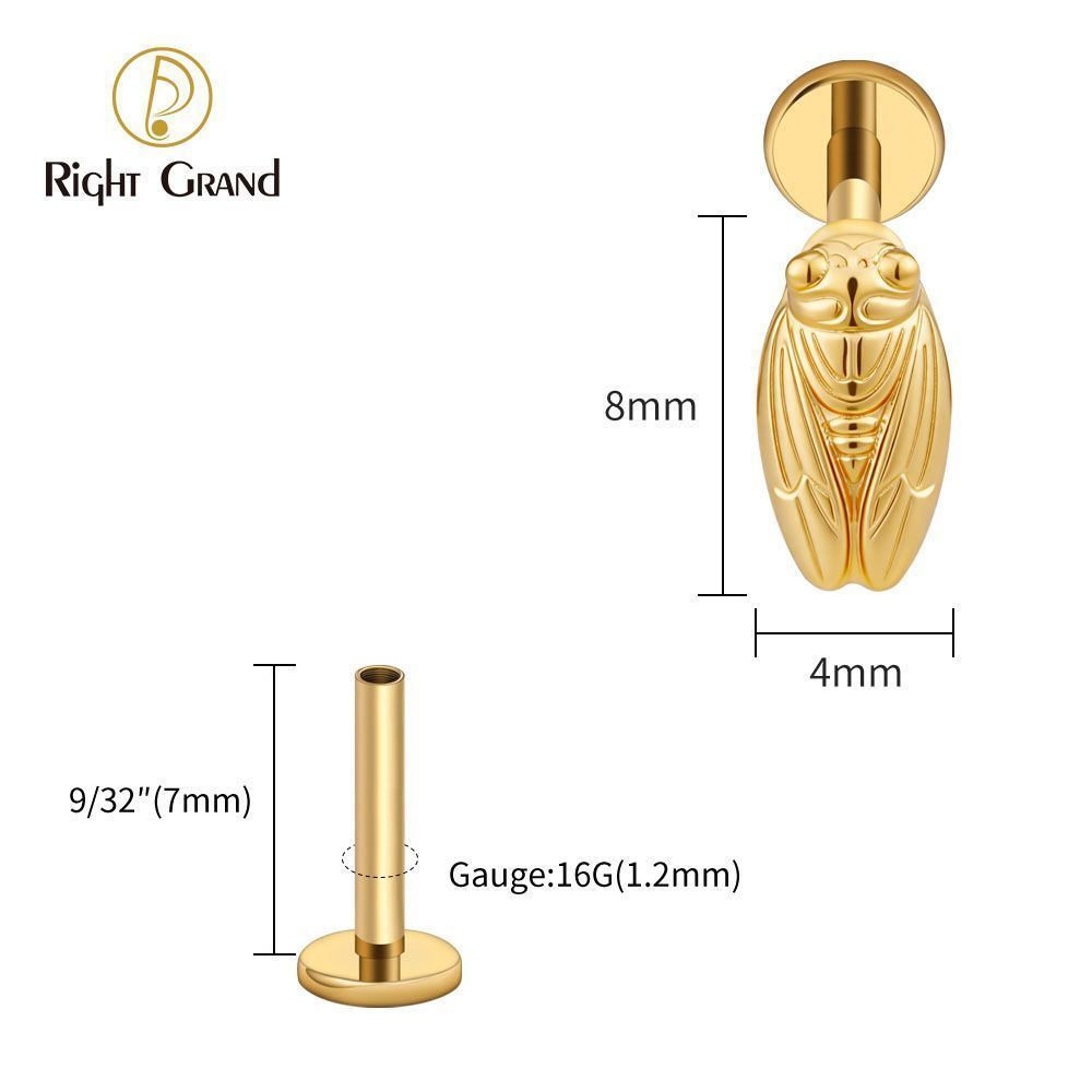 Right Grand Titanium Internal Thread Summer Cicada Labret Ring 16G Flat Back Cartilage Stud Earring Conch Helix Lip Piercing Jewelry