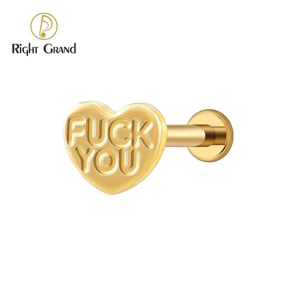 Right Grand Titanium 16G/18G Threadless Push Pin Heart Letter F**K YOU Labret Ring 16G Flat Back Cartilage Stud Earring Conch Helix Lip Piercing Jewelry