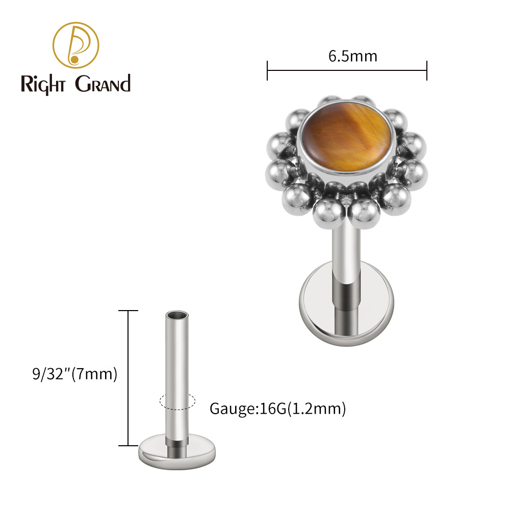 Right Grand ASTM F136 Titanium 16G Flower Labret Stud Earring with Natural Stone Helix Cartilage Tragus Conch Piercing