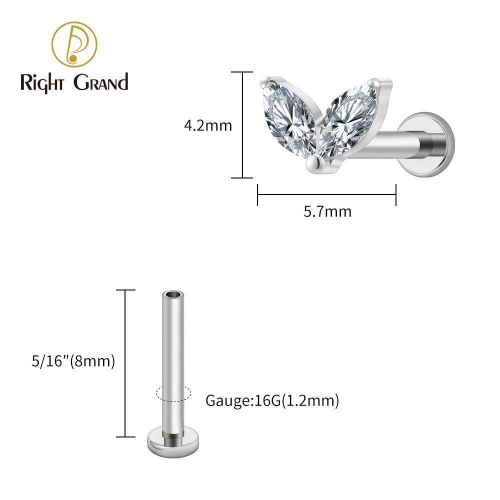 Right Grand Titanium 16G/18G Threadless Push Pin Tiny Double Marquise CZ Labret Stud Earring 16G Heart CZ Cartilage Helix Tragus Conch Piercing
