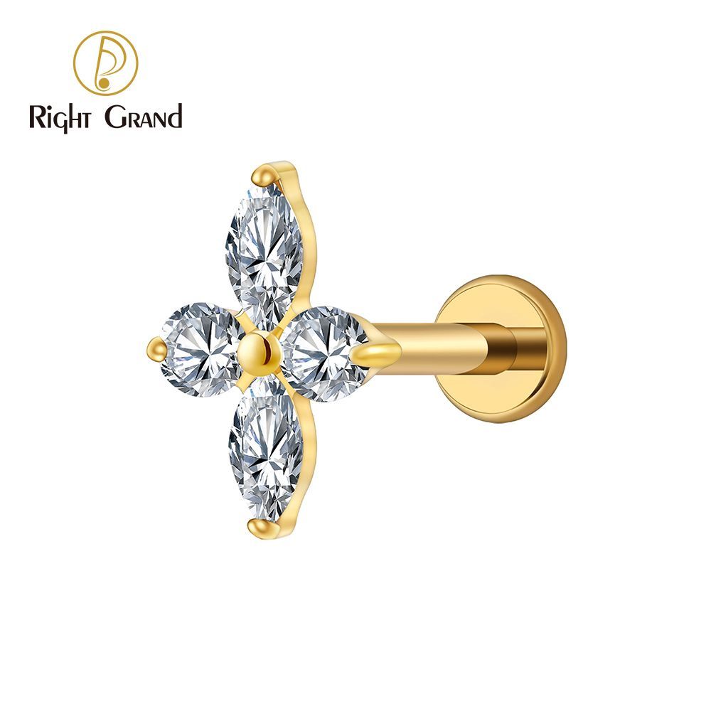 Right Grand Titanium 16G/18G Threadless Push Pin Prong Set CZ Flower Marquise Stud Earring Tragus Helix Cartilage Piercing