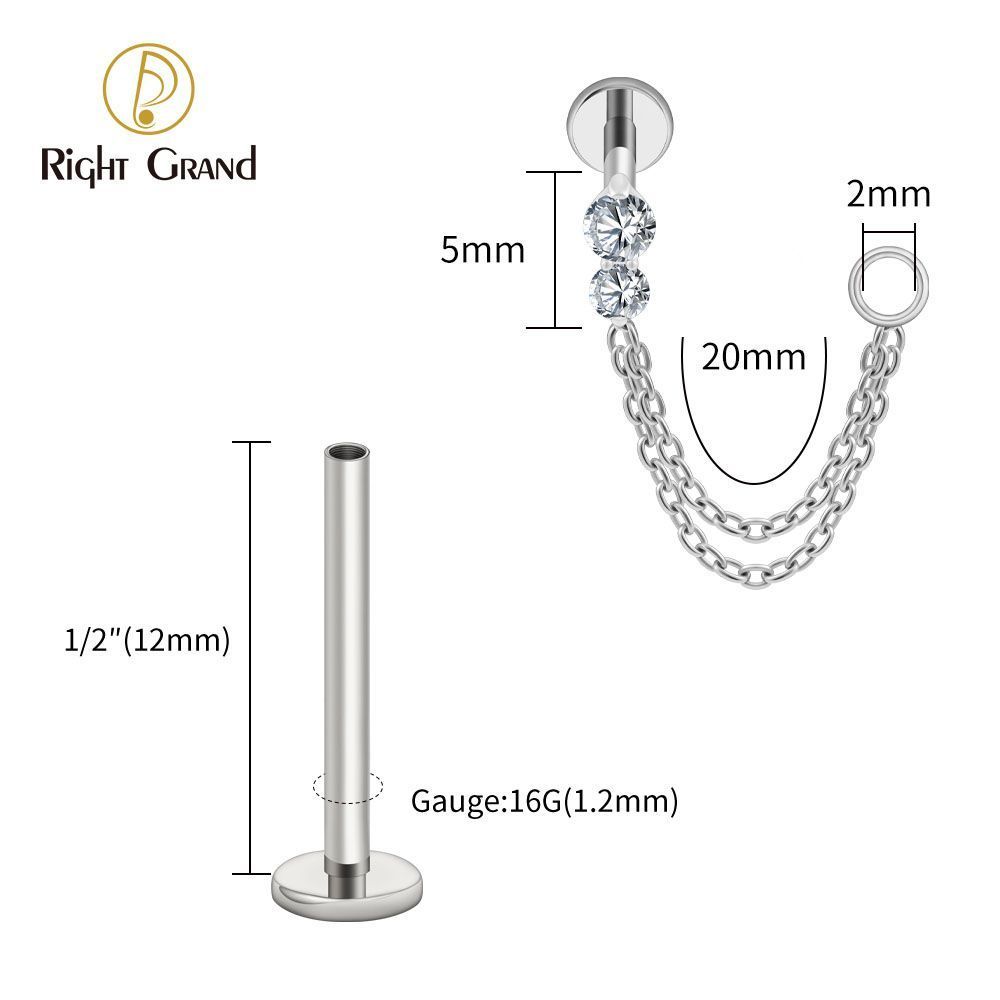 Right Grand Titanium Internal Thread CZ Double Chain Connect Ring Labret Ring 16G Flat Back Cartilage Stud Earring Conch Helix Lip Piercing Jewelry