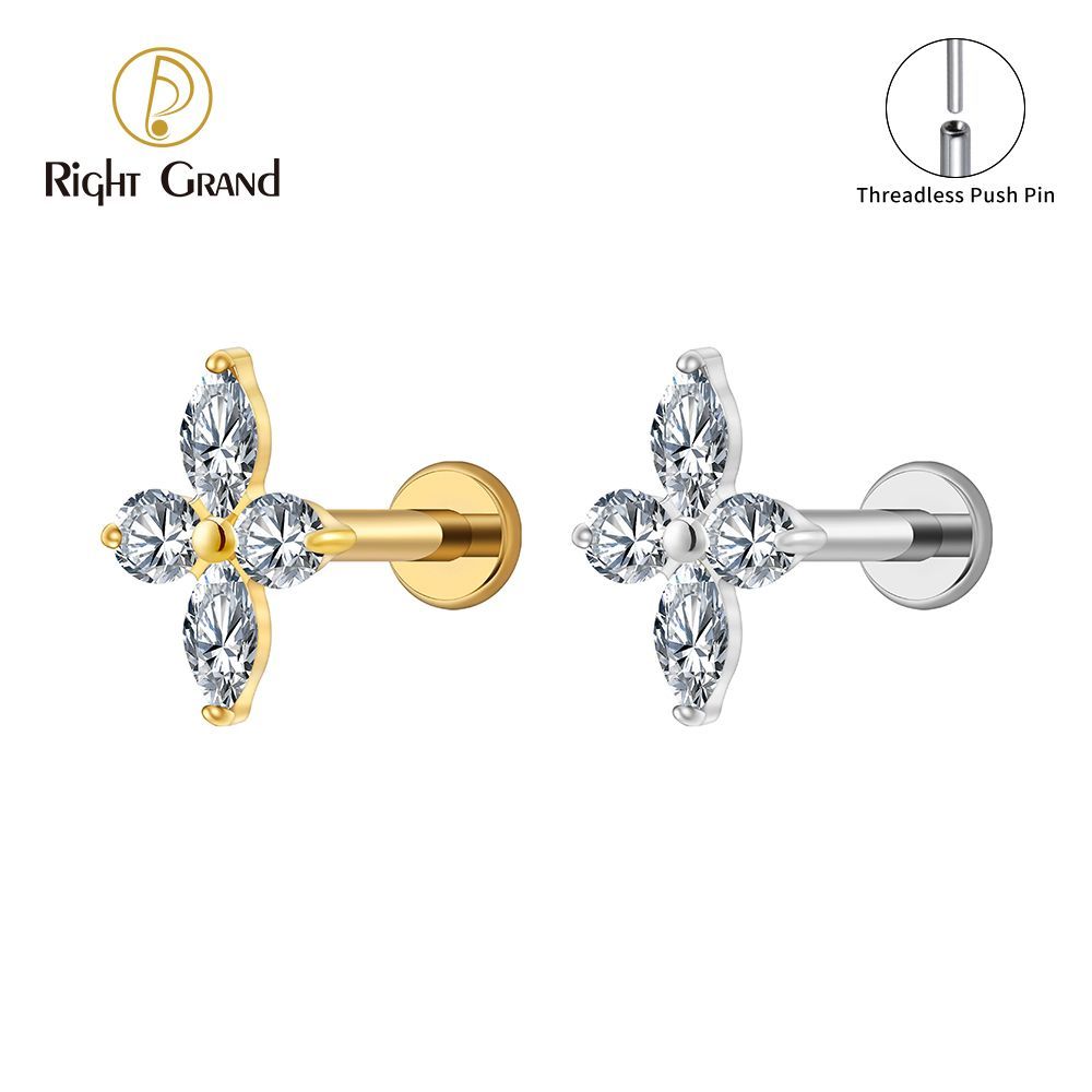 Right Grand Titanium 16G/18G Threadless Push Pin Prong Set CZ Flower Marquise Stud Earring Tragus Helix Cartilage Piercing
