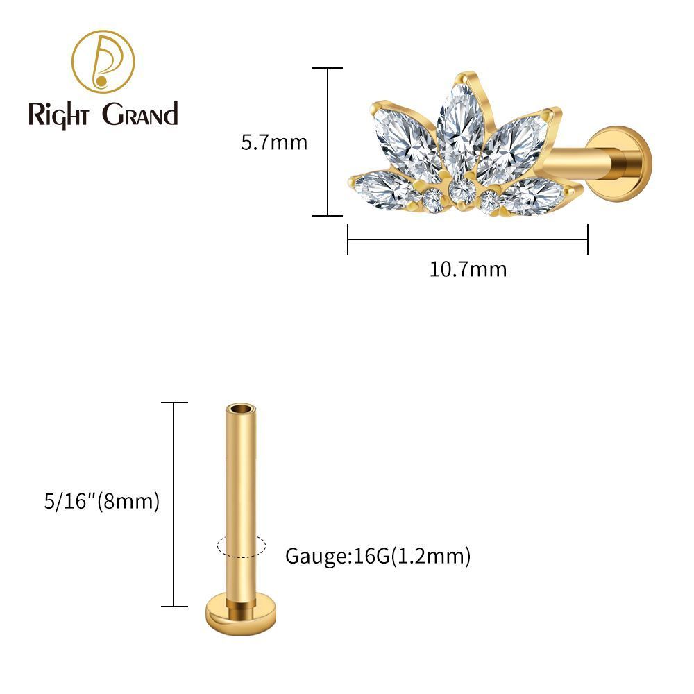 Right Grand Titanium 16G/18G Threadless Push Pin Marquise Lotus CZ Flower Flat Back Stud Labret Tragus Helix Cartilage Conch Earring Piercing