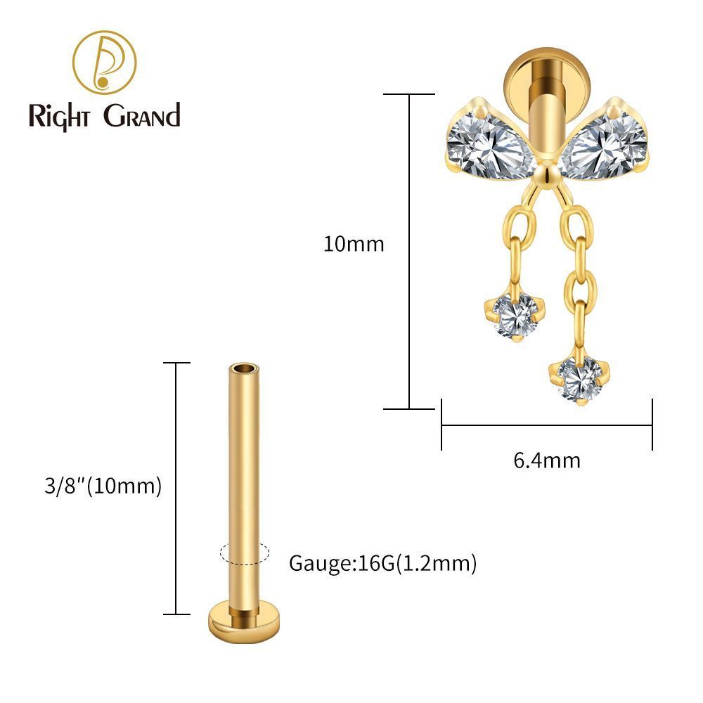 Right Grand Titanium 16G/18G Threadless Push Pin Bowknot CZ Dangle Chain Labret Ring 16G Flat Back Cartilage Stud Earring Conch Helix Lip Piercing Jewelry