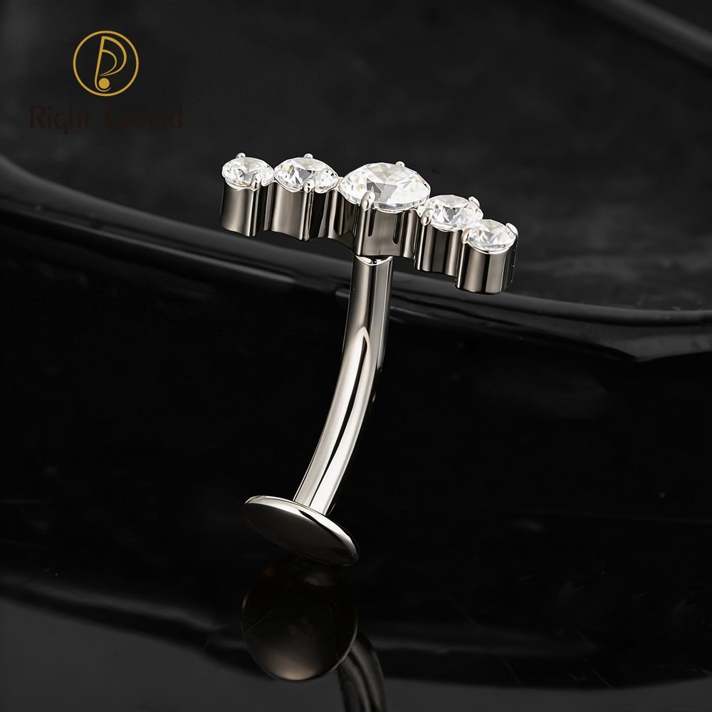 Right Grand Titanium CZ 5 CZ Belly Button Ring 14G Threadless Push Pin Navel Curved Barbell Piercing Jewelry
