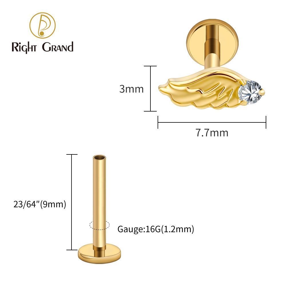 Right Grand Titanium Internal Thread CZ Wing Labret Ring 16G Flat Back Cartilage Stud Earring Conch Helix Lip Piercing Jewelry