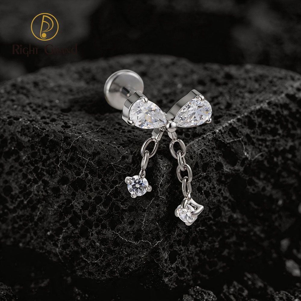 Right Grand Titanium 16G/18G Threadless Push Pin Bowknot CZ Dangle Chain Labret Ring 16G Flat Back Cartilage Stud Earring Conch Helix Lip Piercing Jewelry