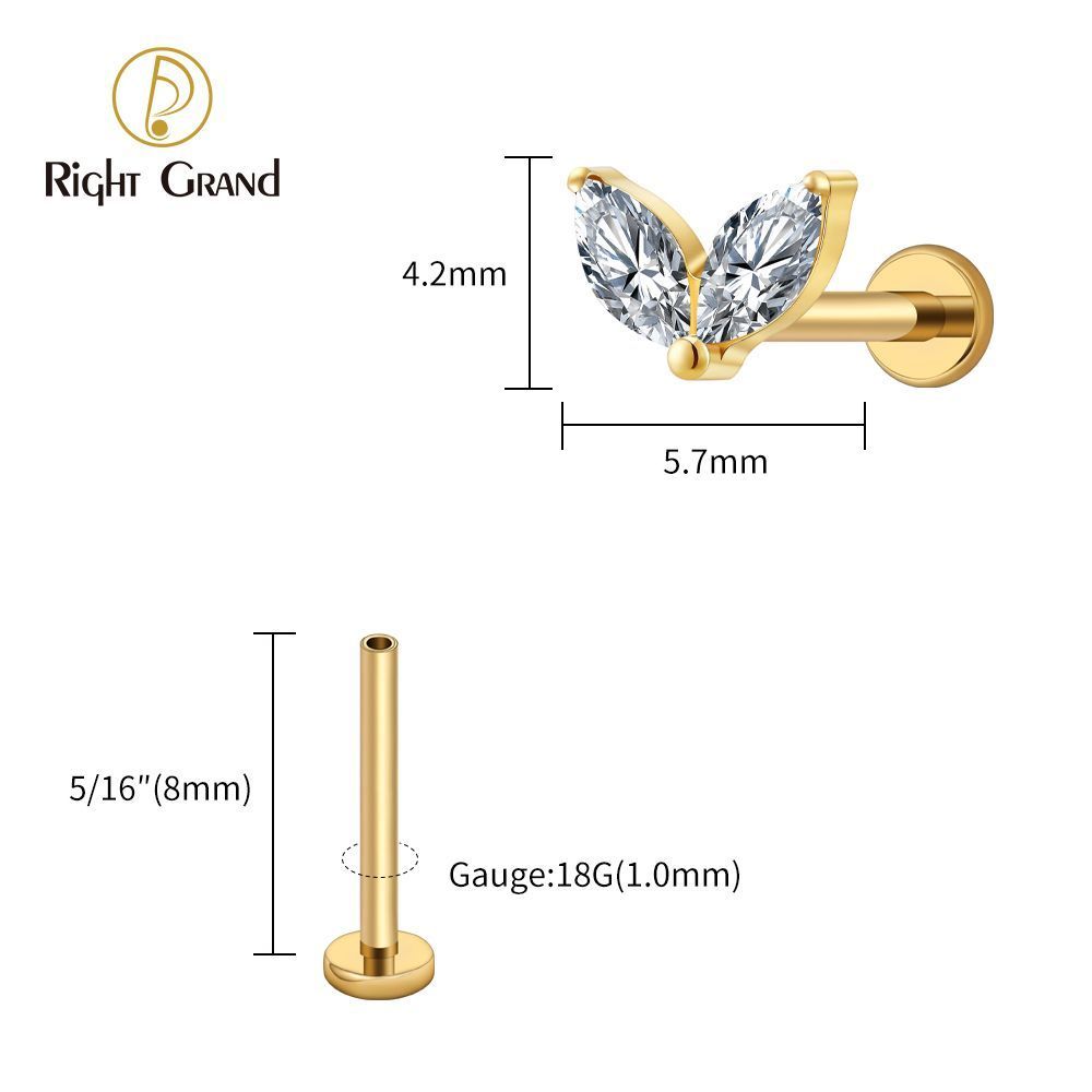 Right Grand Titanium 16G/18G Threadless Push Pin Tiny Double Marquise CZ Labret Stud Earring 16G Heart CZ Cartilage Helix Tragus Conch Piercing