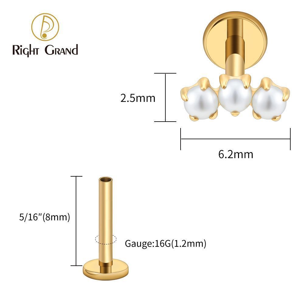 Right Grand Titanium Internal Thread Triple Tiny Pearl Labret Ring 16G Flat Back Cartilage Stud Earring Conch Helix Lip Piercing Jewelry