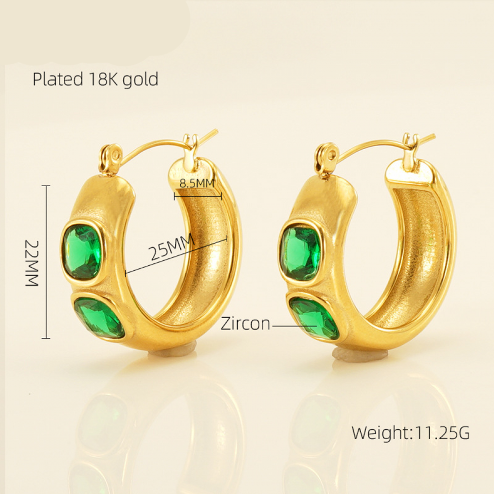 Right Grand 18K Gold Plated Women Fashion Jewelry Stainless Steel Cubic Zirconia Green Stone Hoop Earrings