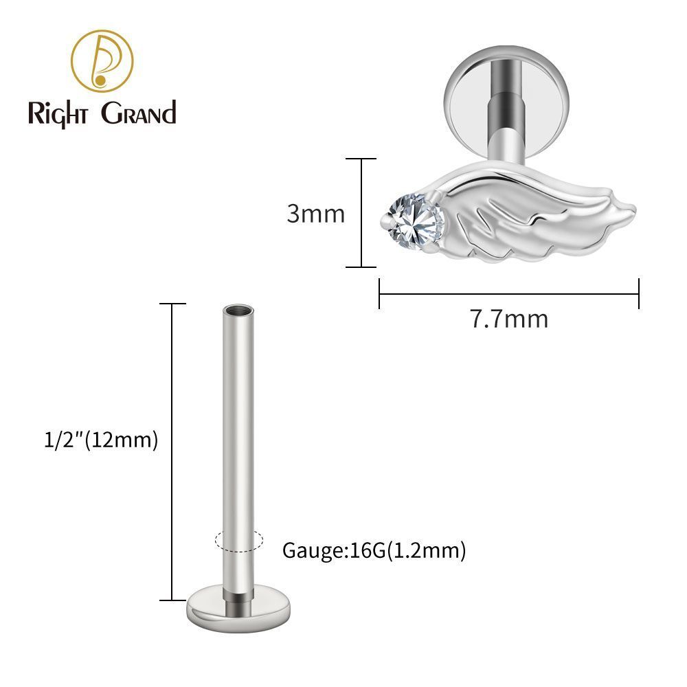Right Grand Titanium Internal Thread CZ Wing Labret Ring 16G Flat Back Cartilage Stud Earring Conch Helix Lip Piercing Jewelry