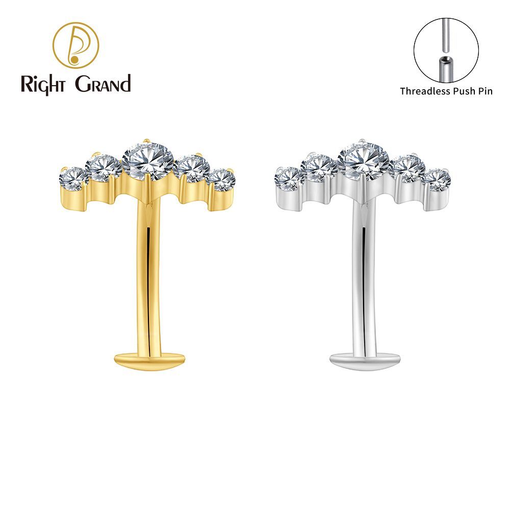 Right Grand Titanium CZ 5 CZ Belly Button Ring 14G Threadless Push Pin Navel Curved Barbell Piercing Jewelry