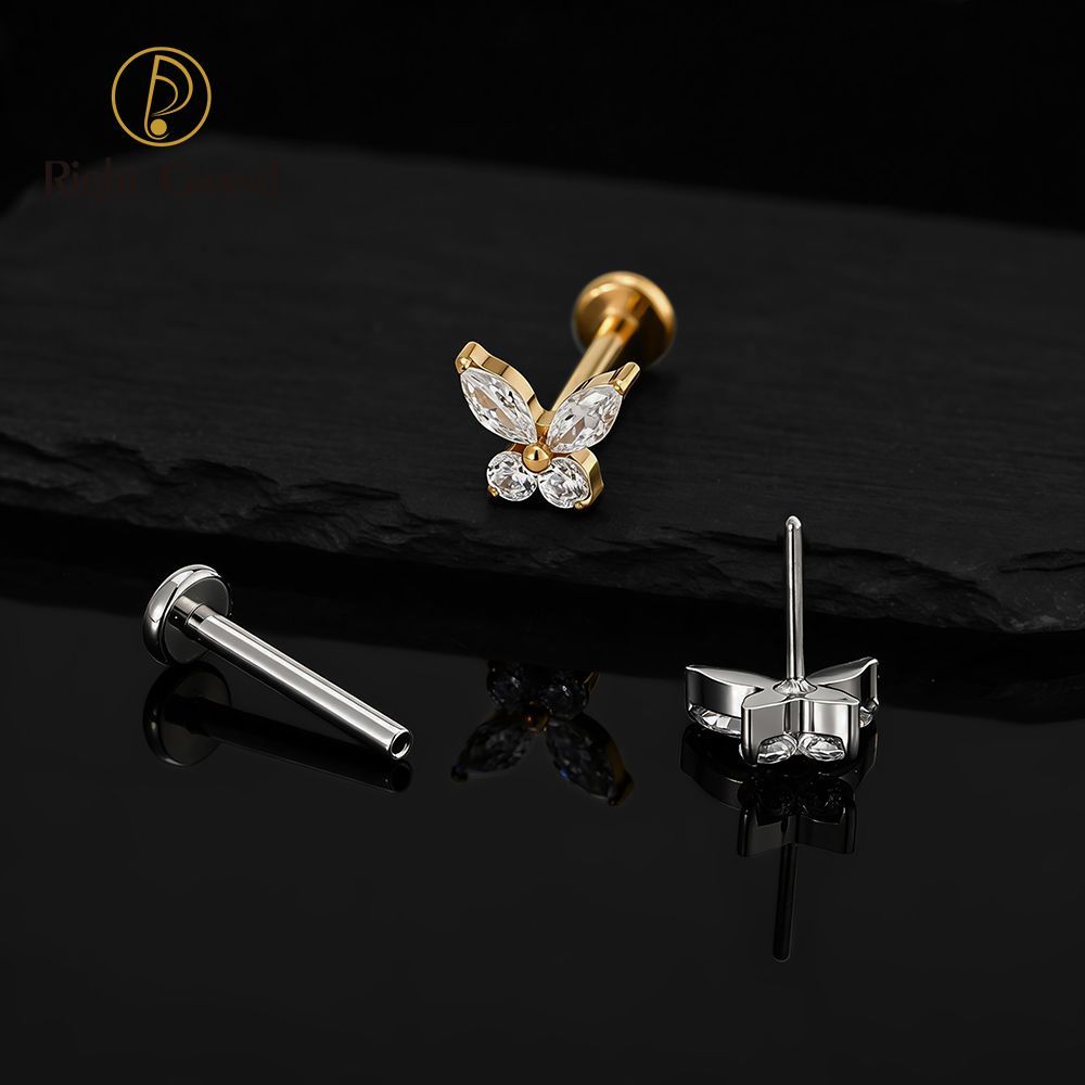 Right Grand Titanium 16G/18G Threadless Push Pin Butterfly CZ Labret Tragus Cartilage Conch Forward Helix Stud Nose Piercing