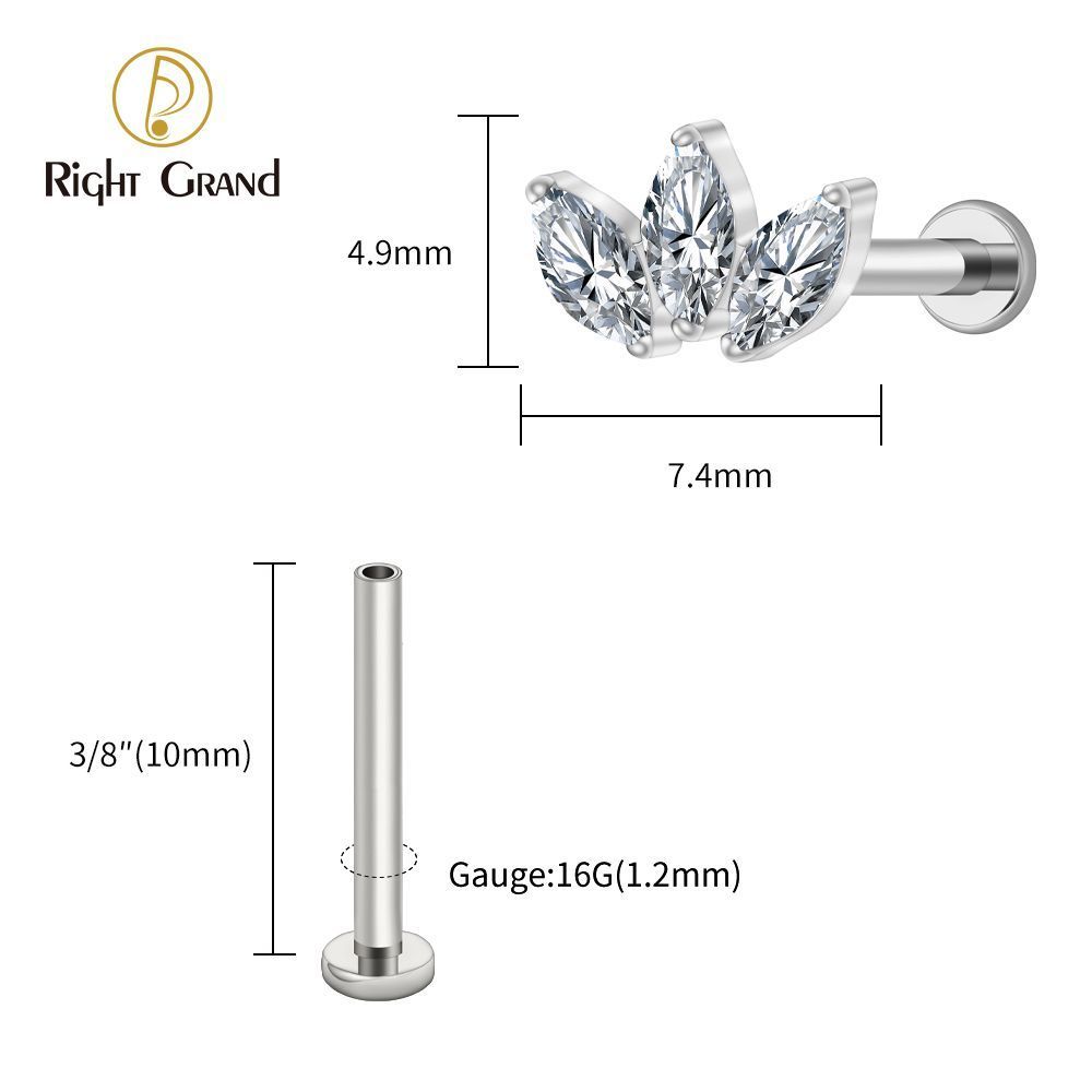 Right Grand Titanium 16G/18G Threadless Push Pin Triple Marquise CZ Stud Earring 16G Trinity Lotus Opal Cluster Cartilage Helix Tragus Piercing