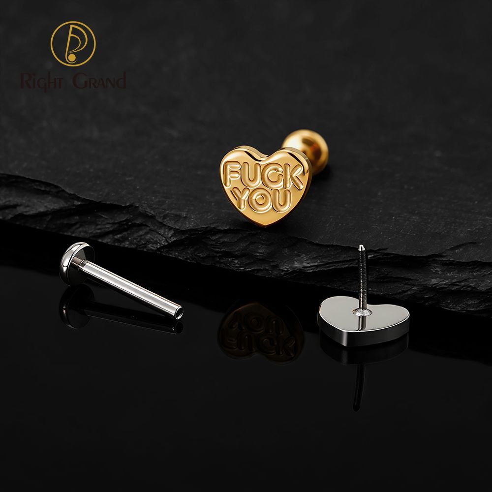 Right Grand Titanium 16G/18G Threadless Push Pin Heart Letter F**K YOU Labret Ring 16G Flat Back Cartilage Stud Earring Conch Helix Lip Piercing Jewelry