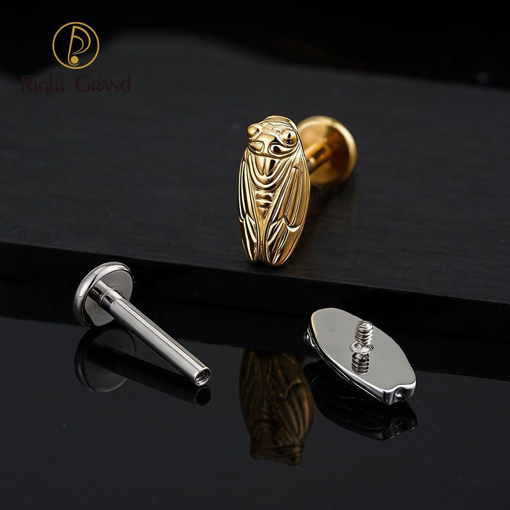 Right Grand Titanium Internal Thread Summer Cicada Labret Ring 16G Flat Back Cartilage Stud Earring Conch Helix Lip Piercing Jewelry