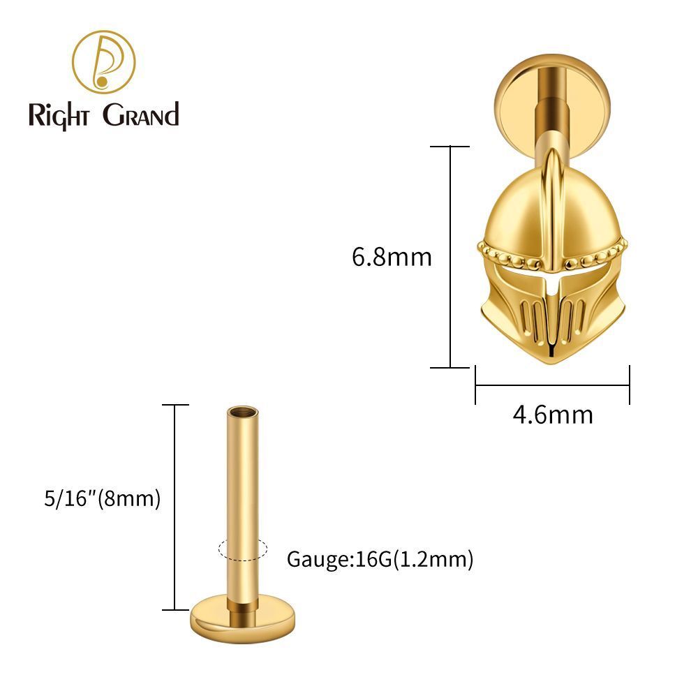 Right Grand ASTM F136 Titanium Internal Thread Helmet Labret Ring 16G Flat Back Cartilage Stud Earring Conch Helix Lip Piercing Jewelry